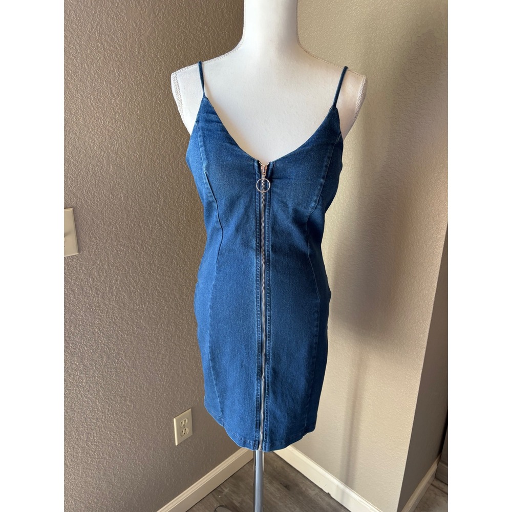 Iris Womens Blue Denim Full Zip‎ Front O-Ring Mini Bodycon Dress Large